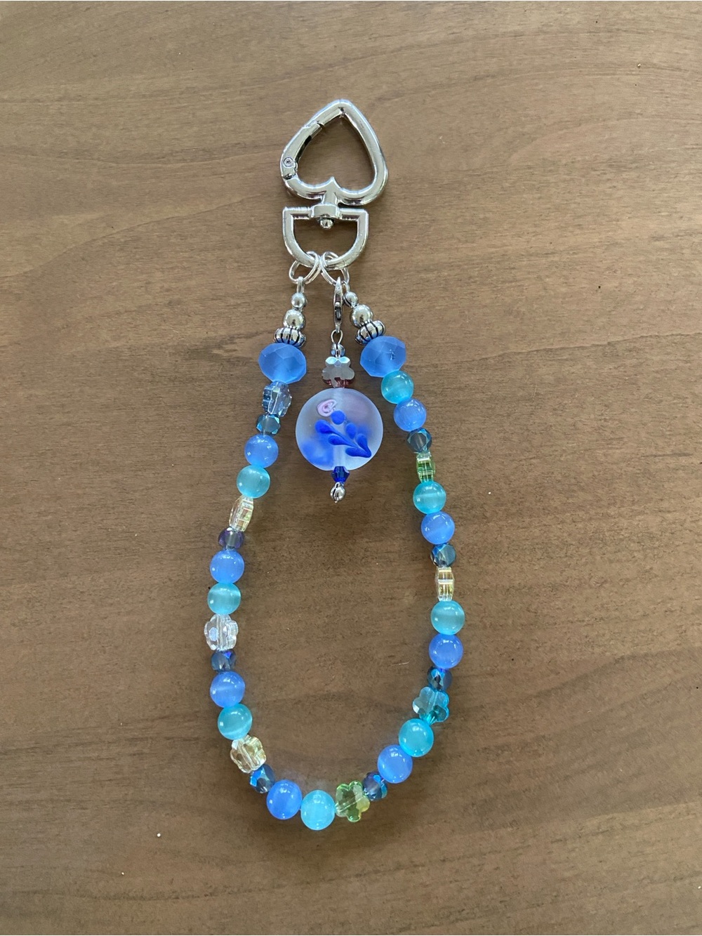 Handmade Blue Beaded Heart Clip-On Phone Wristlet Keychain